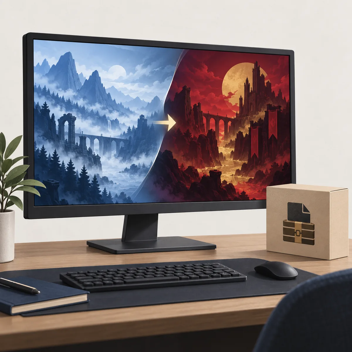 Editorial illustration showing a Dota 2 menu background changing from a blue landscape to a red fantasy scene