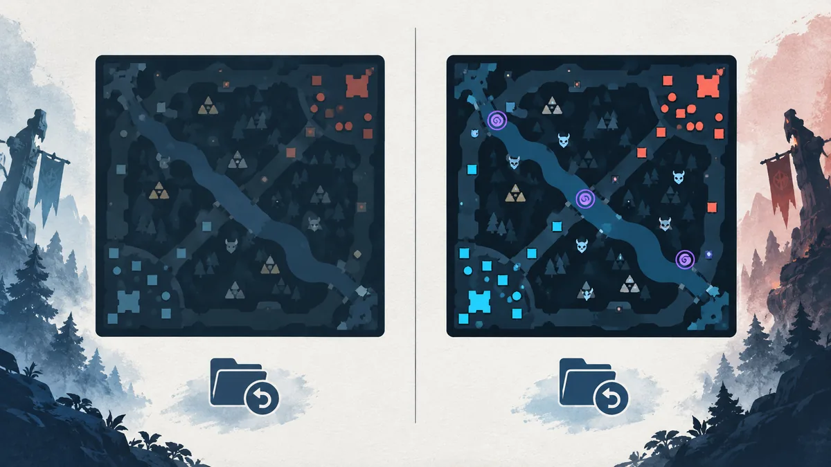 Confronto editoriale tra marcatori predefiniti e personalizzati della minimappa di Dota 2 con cartelle di ripristino