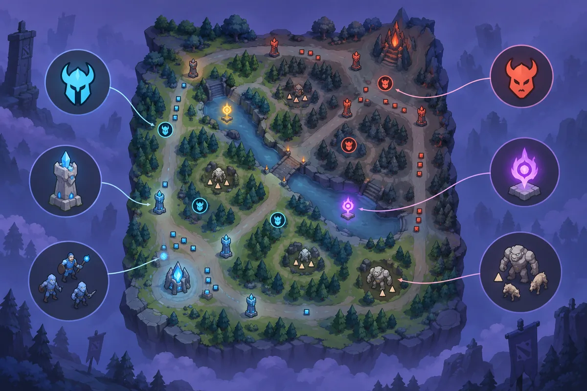 Illustrazione editoriale delle icone della minimappa di Dota 2 per alleati, nemici, rune e creep