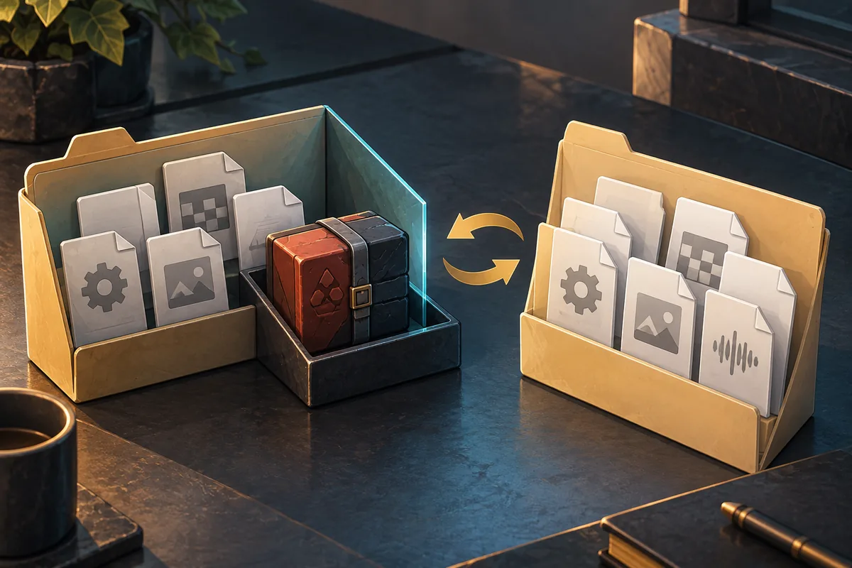 Redaktionelle Illustration eines isolierten Dota-2-Mod-Pakets neben unveränderten Spieldateien
